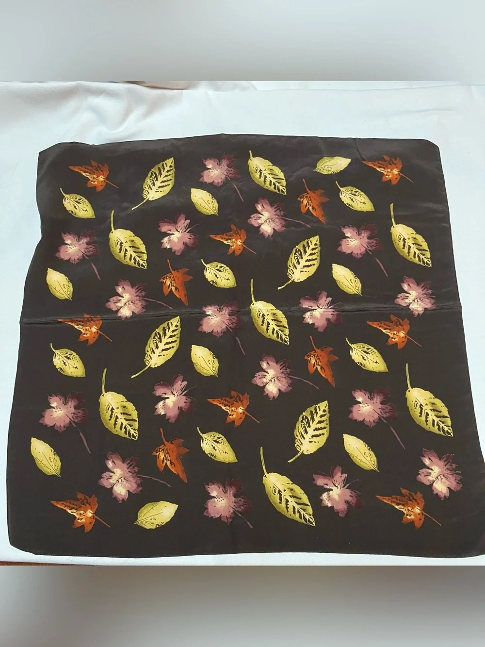 VTG Gap 100% Silk Chiffon 19” Square Scarf Brown Autumn Leaves Old Money Preppy